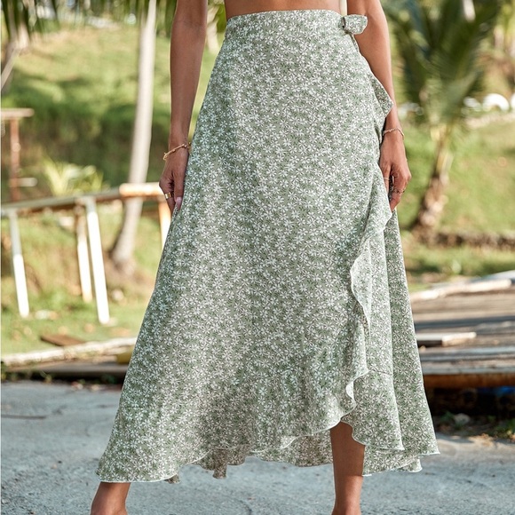 Boho floral print ruffle wrap skirts maxi green - Picture 1 of 4